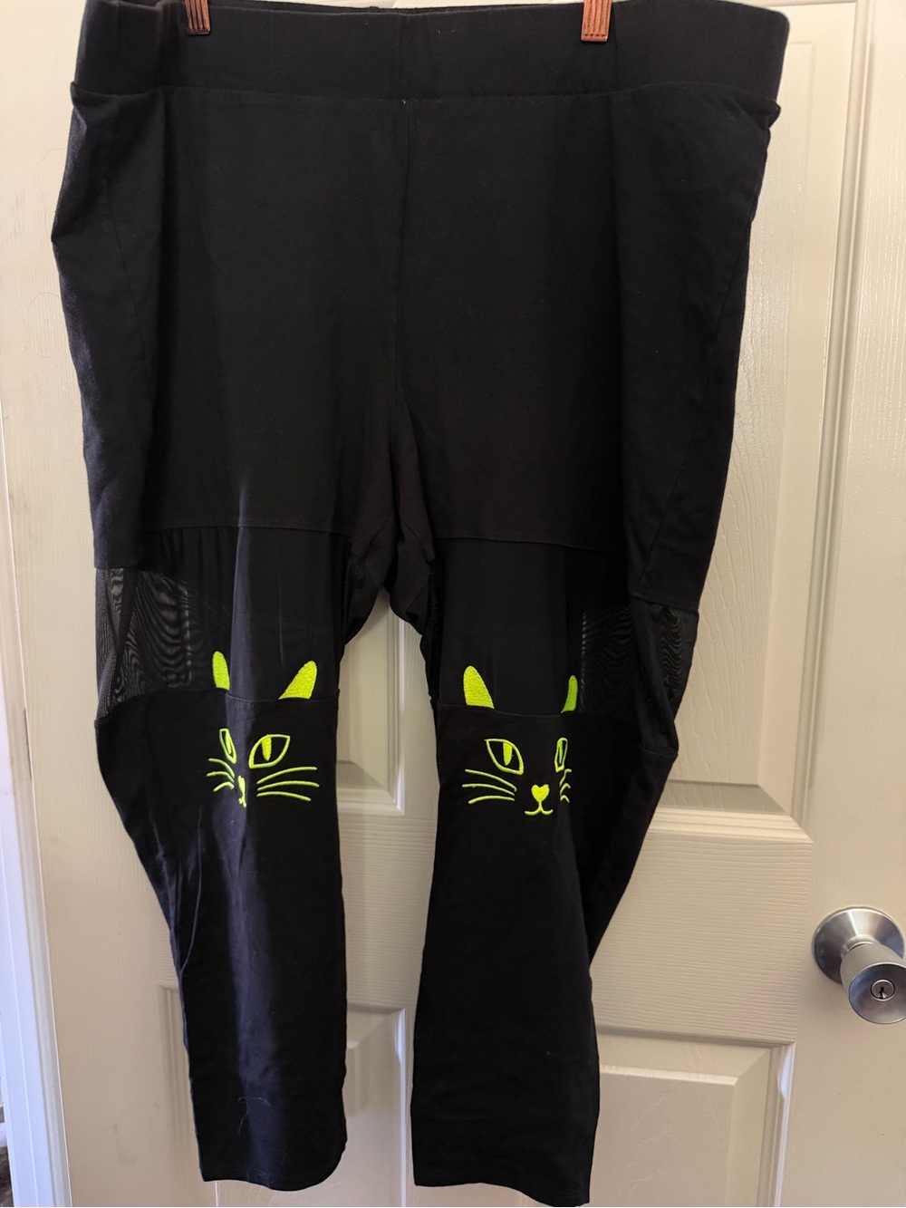 Black womens Leggings with Neon Green Cat Face